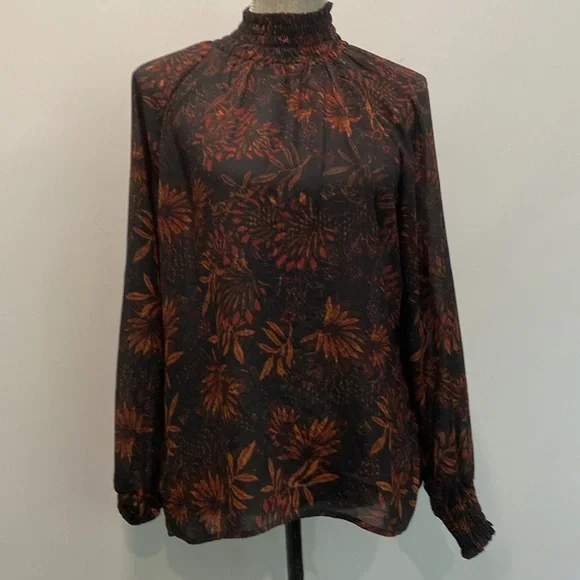 H&M Black & Orange Floral Long Sleeve Blouse Women’s Size 6 Boho Fall Top - Picture 2 of 12